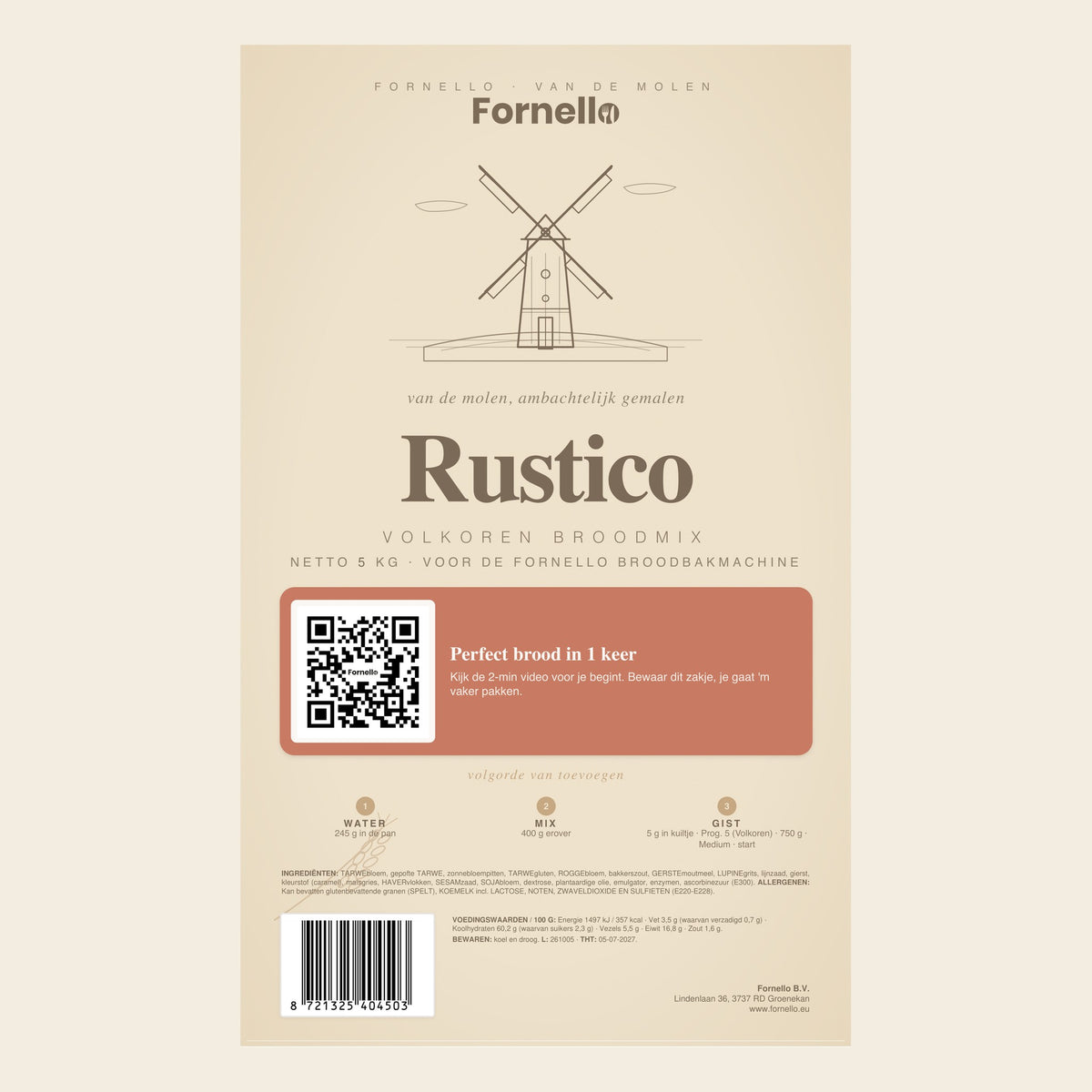 Rustico Volkoren Broodmix 5 KG - etiket met ingrediënten