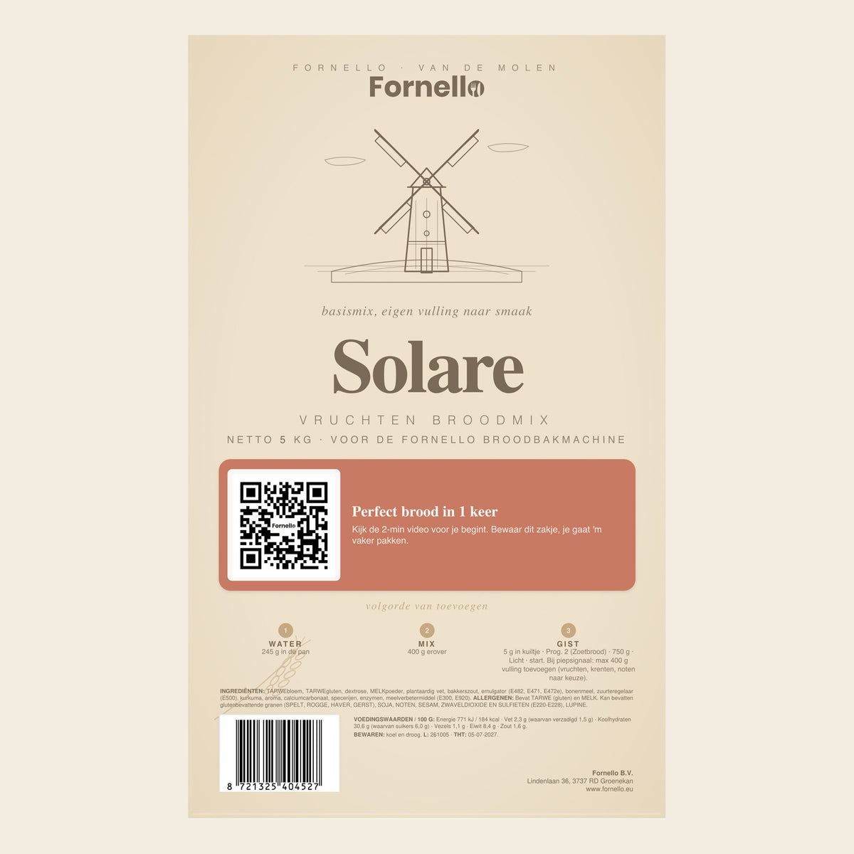 Solare Vruchten Broodmix 5 KG - etiket met ingrediënten