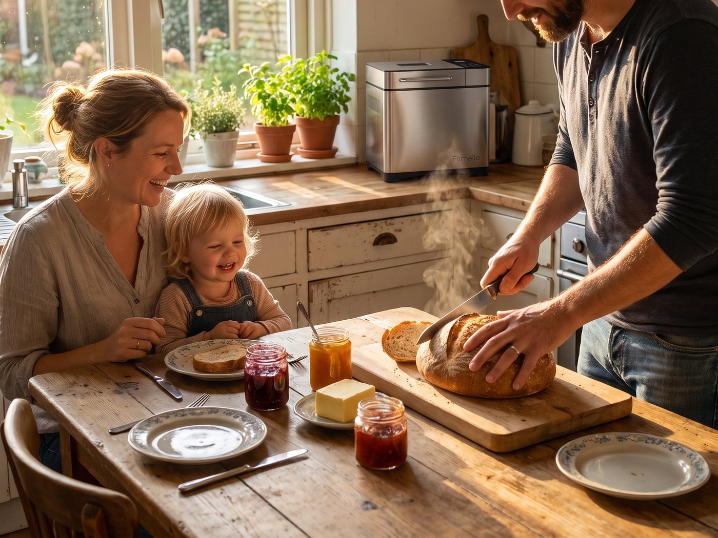Gezin snijdt vers gebakken brood aan de keukentafel