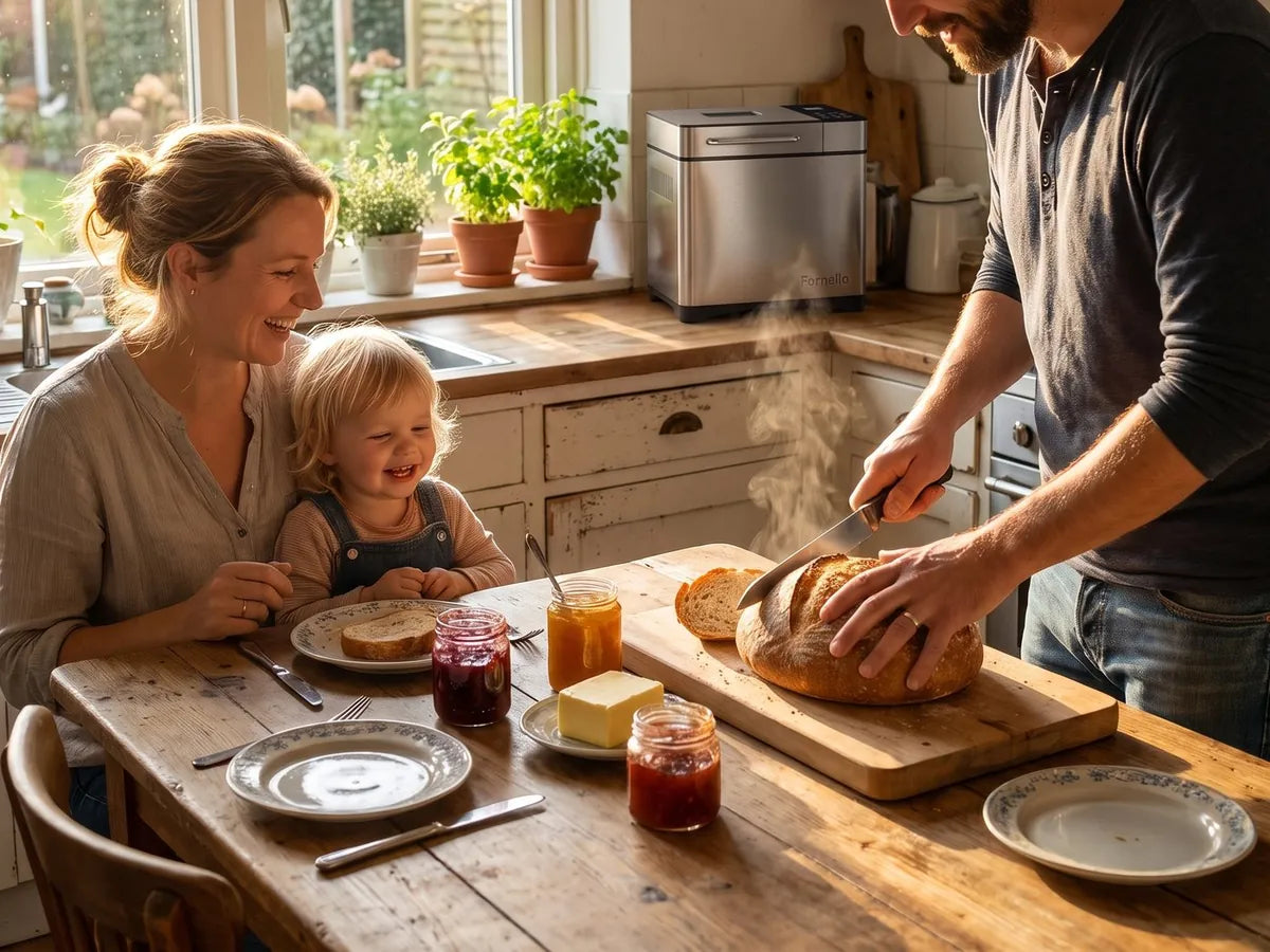 Gezin snijdt vers gebakken brood aan de keukentafel