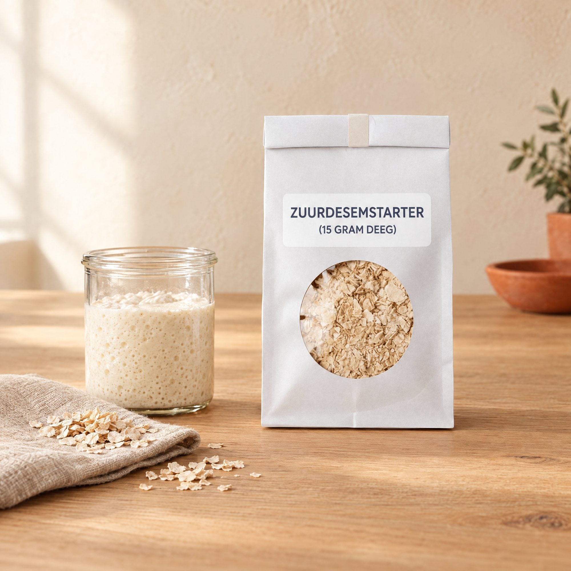 Zakje Fornello gedroogde zuurdesemstarter naast een pot actieve starter
